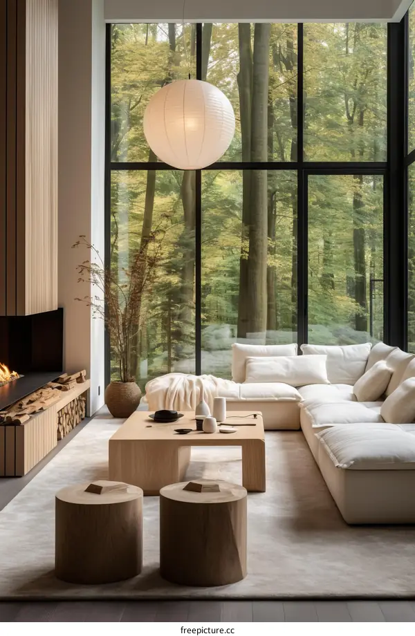 Airy and bright living room with large windows and a fireplace