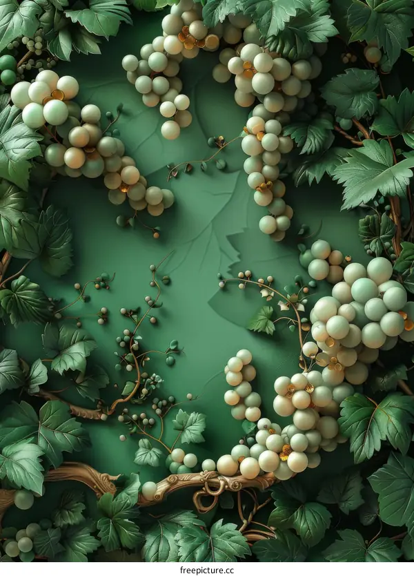 White Grapes with Green Leaves on a Vine