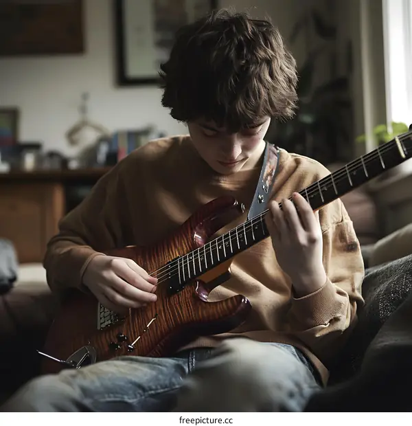 Young Caucasian Boy Playing Electric Guitar