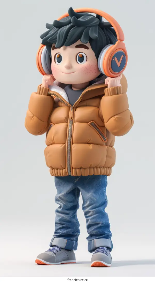 A 3D rendering of a young boy wearing a brown jacket and headphones
