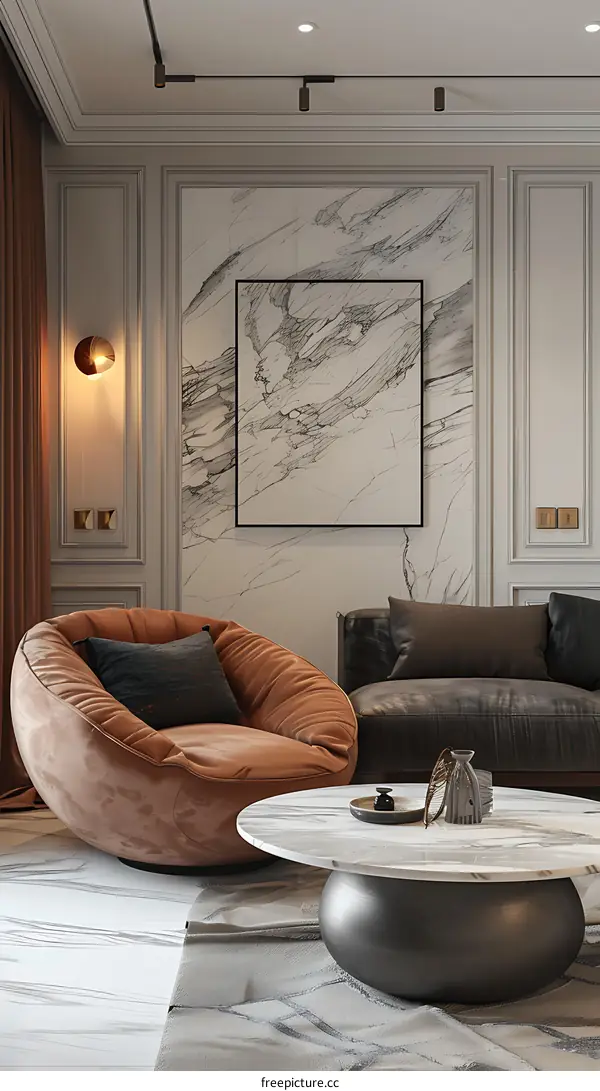 Brown round sofa and white marble wall decorative painting