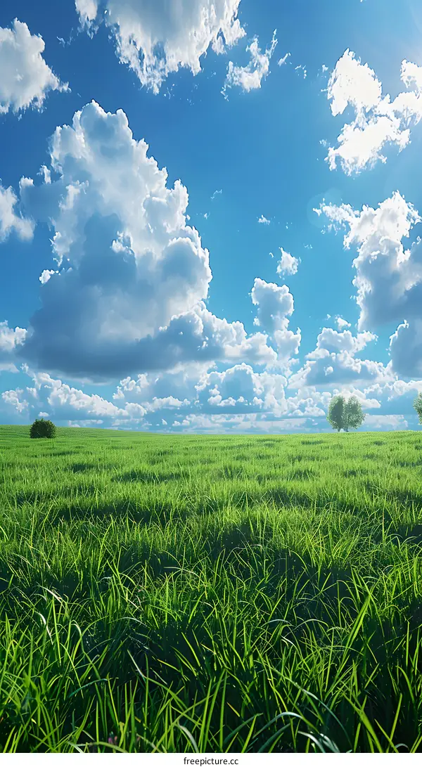 Vast green prairie with blue sky and white clouds