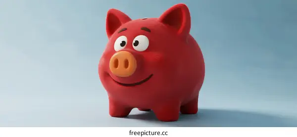 Red Piggy Bank with Smiling Face on Blue Background