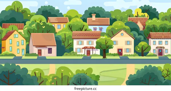 Cartoon Illustration of a Small Town with Houses and Trees