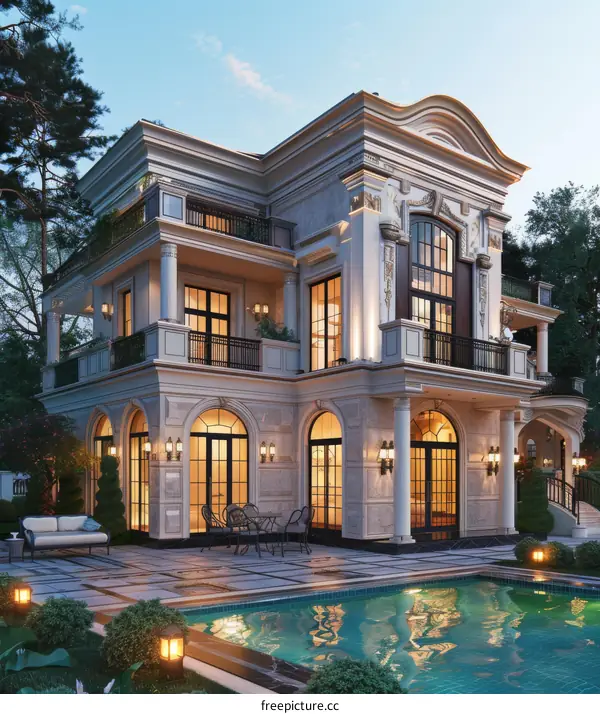 Luxury Mansion with Pool at Dusk