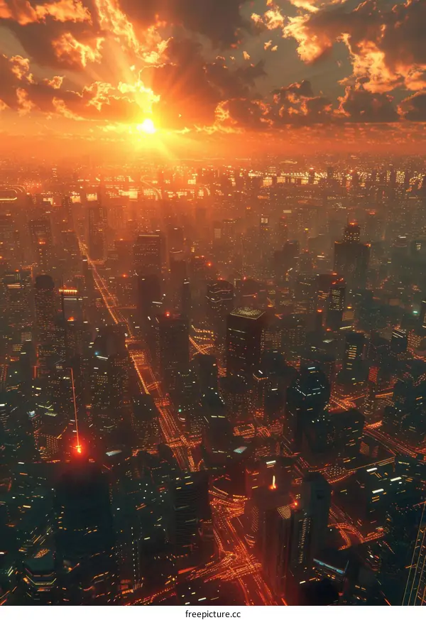 Futuristic Metropolis: Skyscrapers Illuminated by Sunset