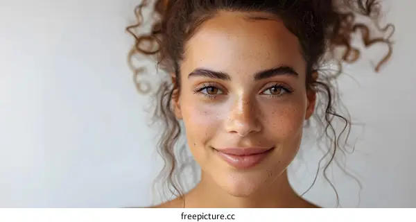 Woman with Freckles and Curly Hair Smiling