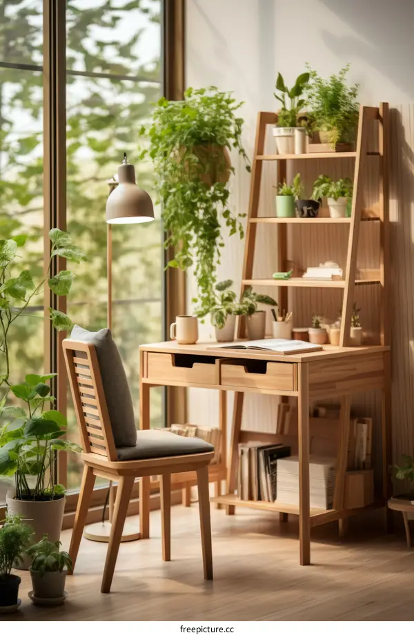 A Wooden Office Setup With Natural Light and Plants