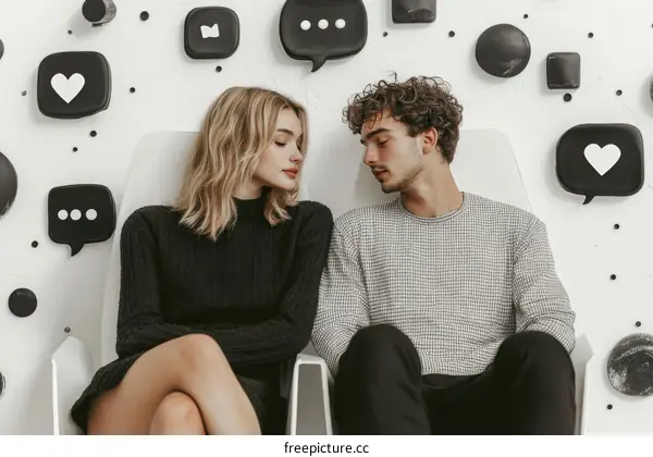 Couple Relaxing in Modern Setting with Social Media Icons