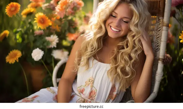 Smiling blonde woman sitting in a chair in a garden full of flowers