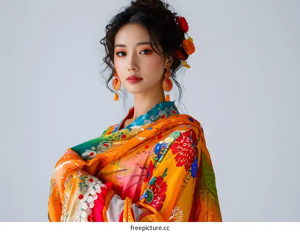 Woman in Colorful Traditional Asian Clothing