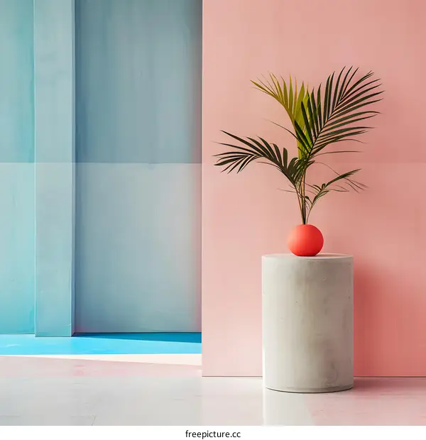 Minimalist Interior Design with Palm Plant in a Pink and Blue Room