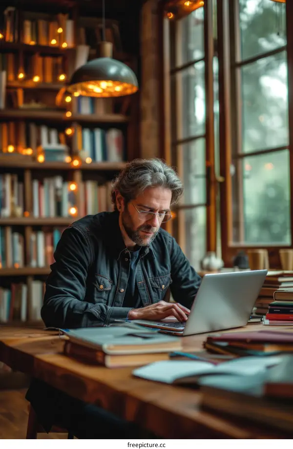 A man in glasses works on his laptop at home