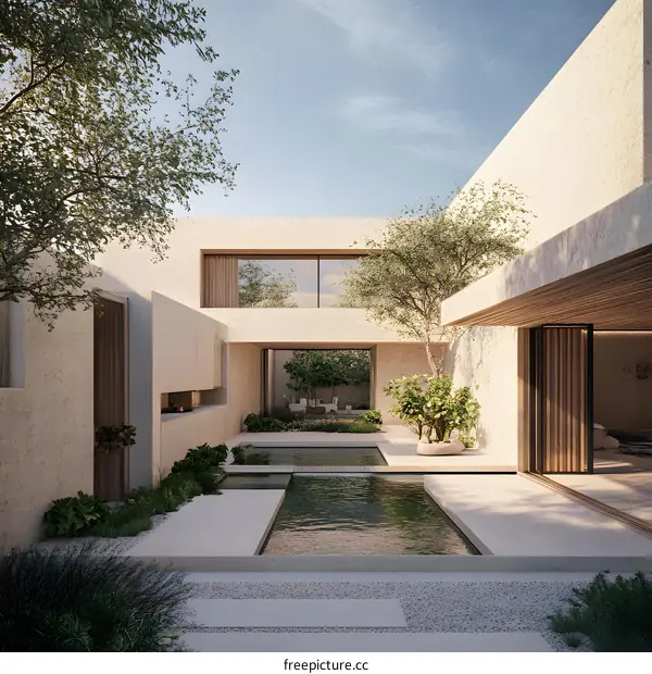 Modern Minimalist Courtyard Design with Pool and Plants