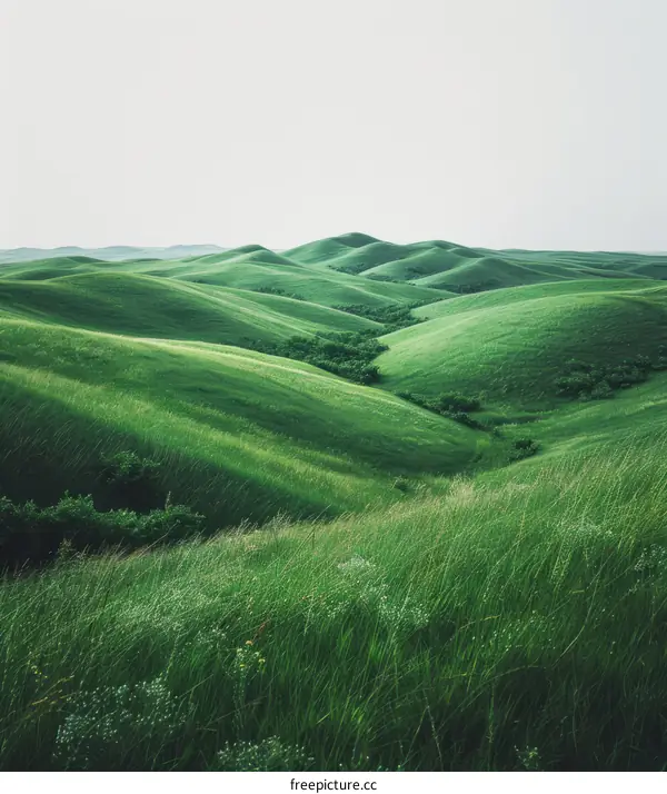 Rolling Green Hills Under a White Sky