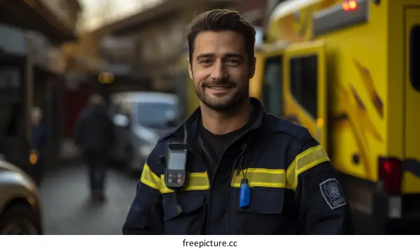 portrait of a smiling firefighter in front of a fire truck