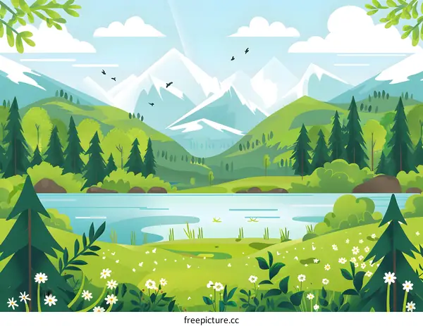 Green Hills and Mountains with a River Illustration