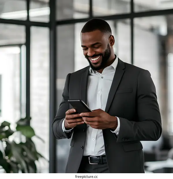 Smiling African American Businessman Using Smartphone in Office