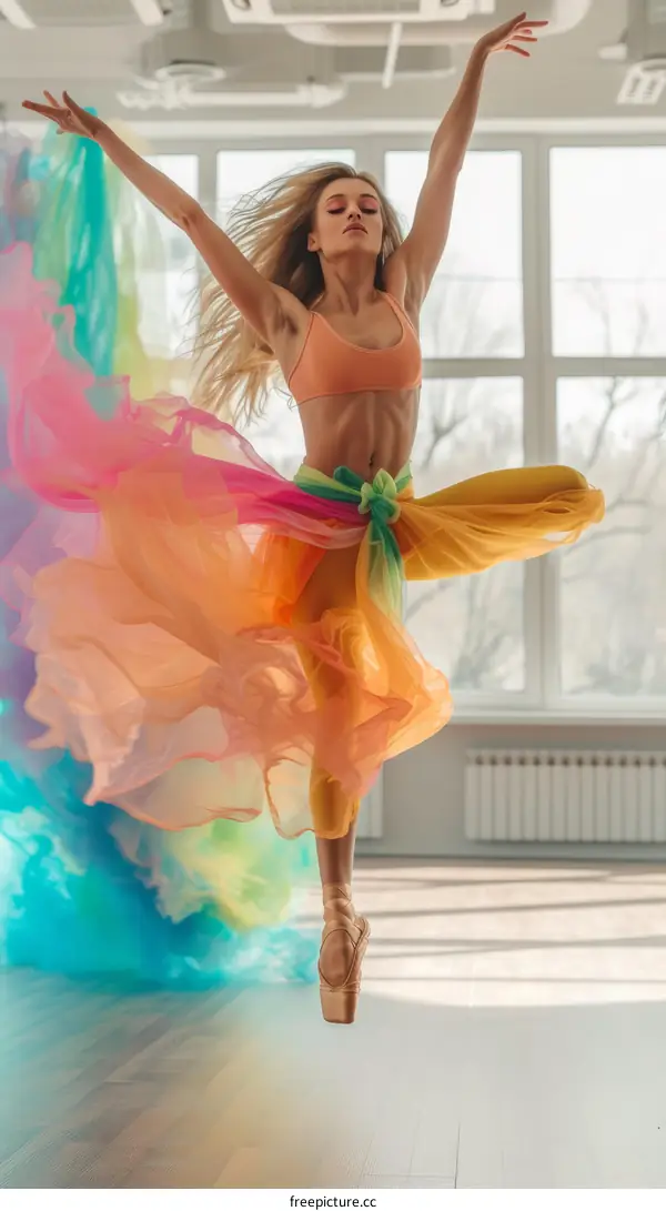 Young ballerina dancing in a studio with colorful smoke