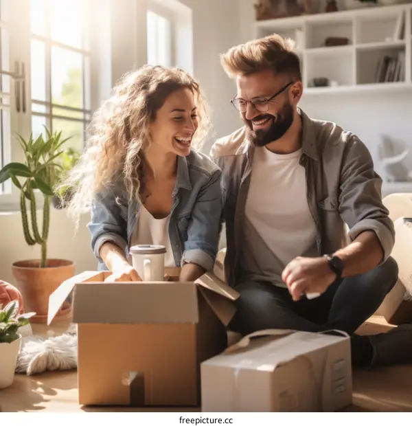 Couple unpacking boxes and laughing