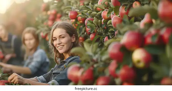 Three people harvesting apples in an orchard