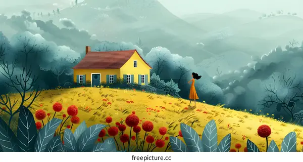 girl standing on a hill looking at a house in the distance