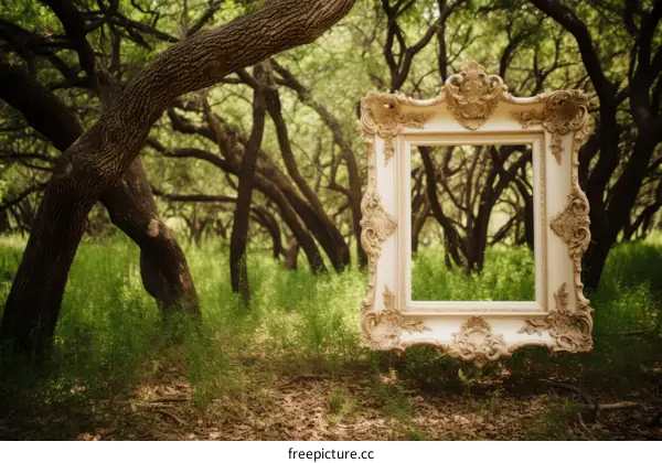 ornate vintage picture frame hanging in a green forest