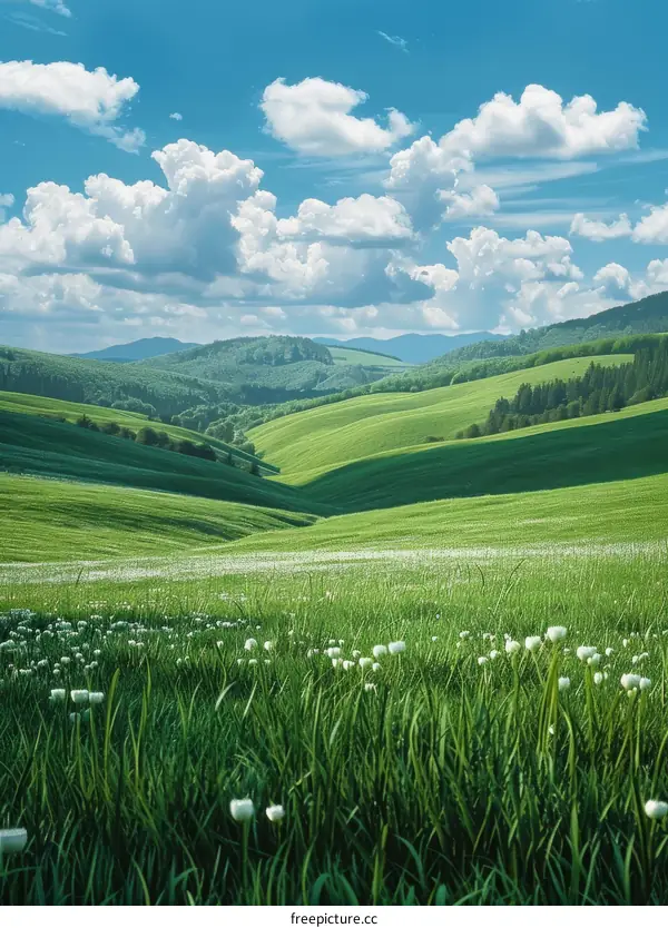 Green Hills under Blue Sky with White Clouds