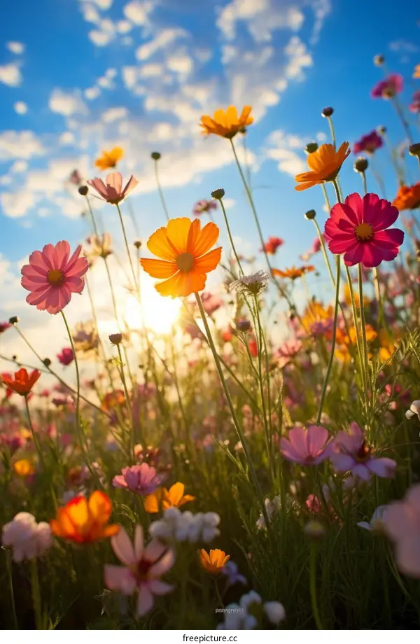 Vivid Field of Cosmos Flowers in Full Bloom Under the Sunlight