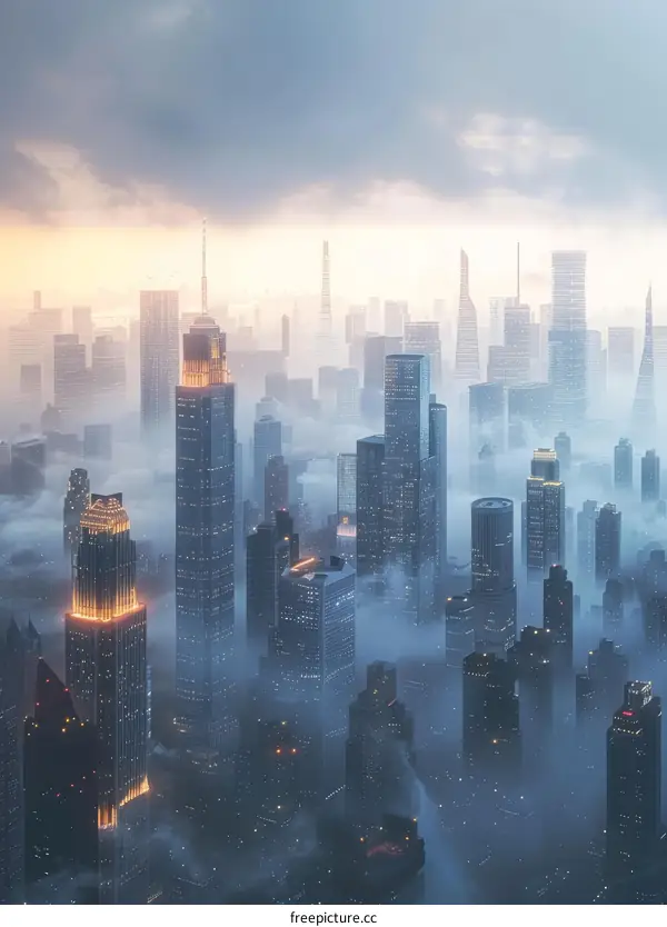 Futuristic Cityscape: Skyscrapers and Clouds