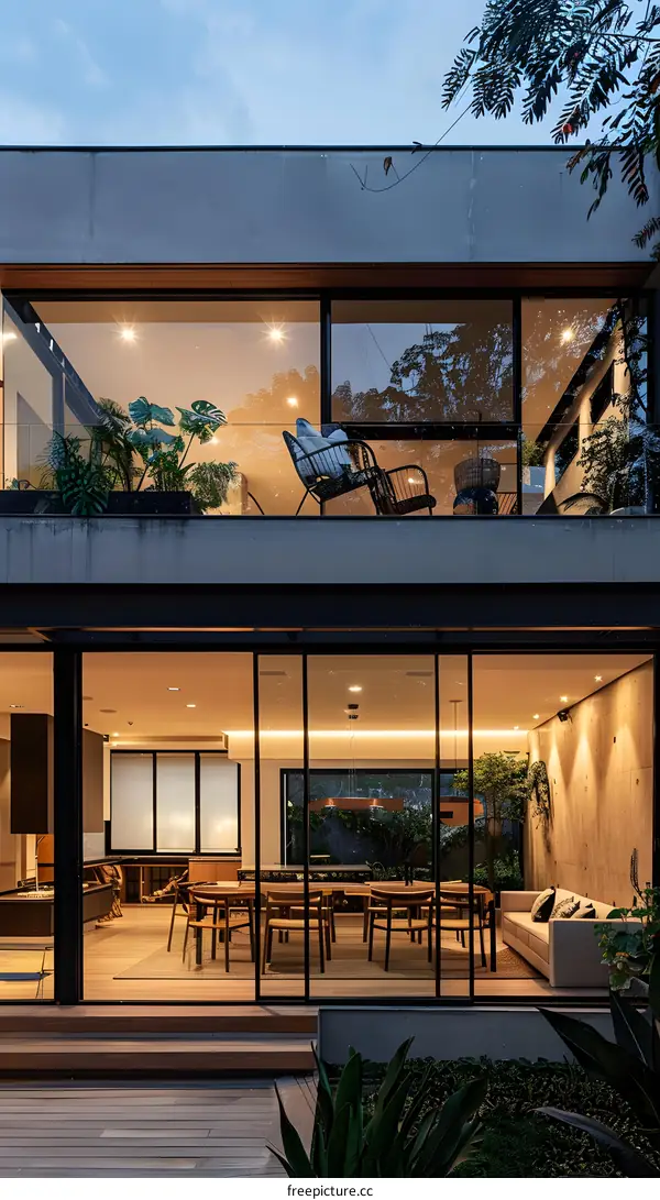Modern House Exterior With Large Glass Windows and Balcony