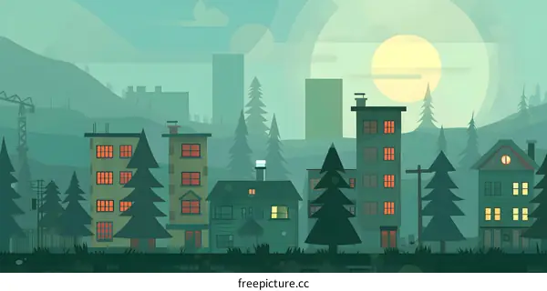 Green and Blue Town with Tall Buildings and a Big Moon