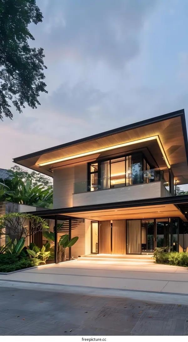 Modern Minimalist House with Wood Accents and Glass Windows