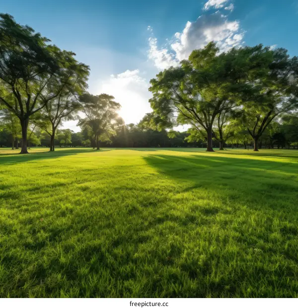 The setting sun shines through the trees in the park