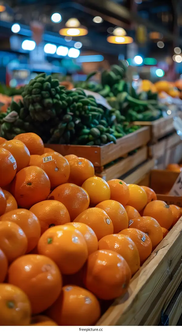 Fresh Oranges in Wooden Crate at Market