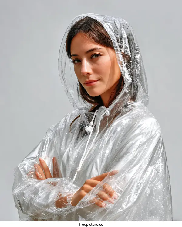 A woman wearing a transparent rain poncho with hood standing against gray background