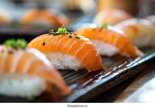 A plate of sushi with salmon, rice, and sesame seeds.