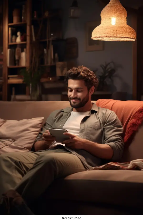 A man is sitting on a couch in the living room, reading a book.