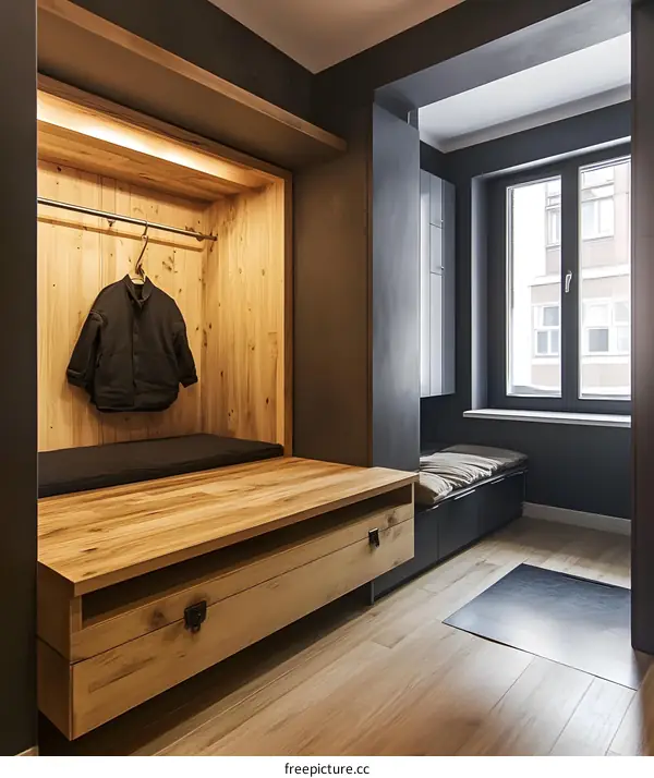 Modern Minimalist Entryway with Wooden Bench and Coat Rack