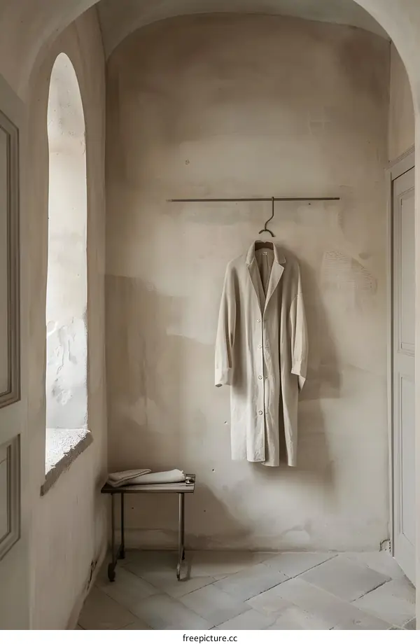 Minimalist Interior Design With A Beige Coat Hanging On A Wall