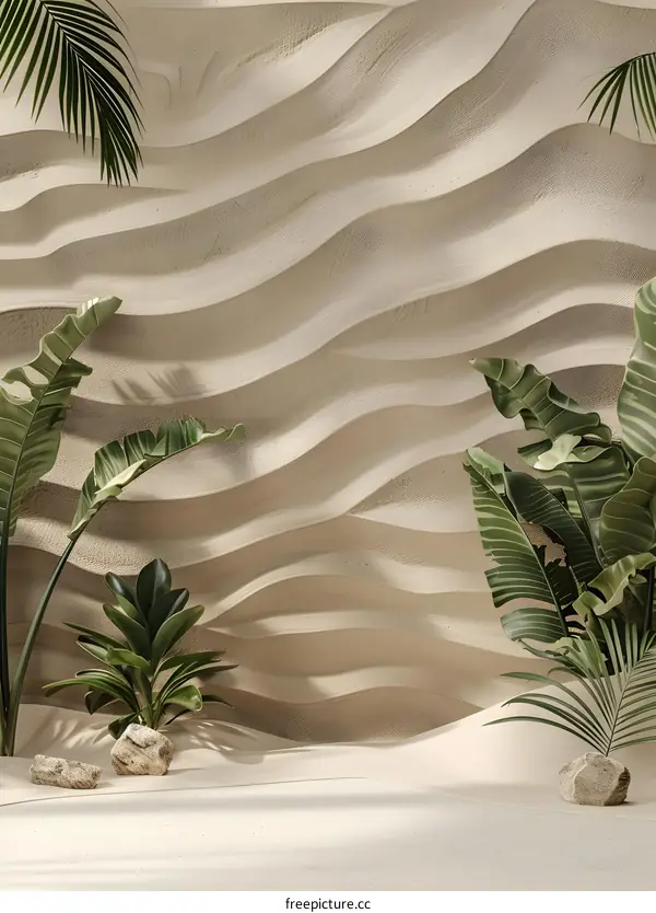 Minimalist Tropical Beach Scene with Wavy Sand Background