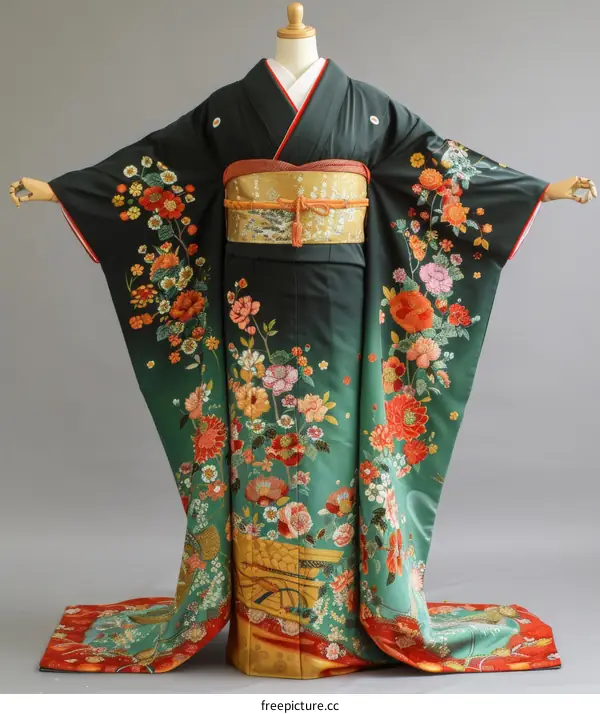 A woman wearing a green kimono with floral embroidery.