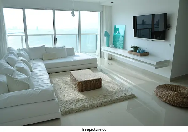 Spacious White Living Room With Stunning Sea Views
