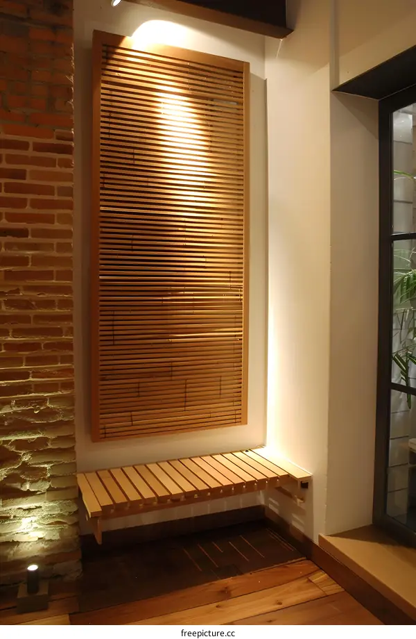 Wooden Bench With Wooden Slatted Wall In Modern Home Interior