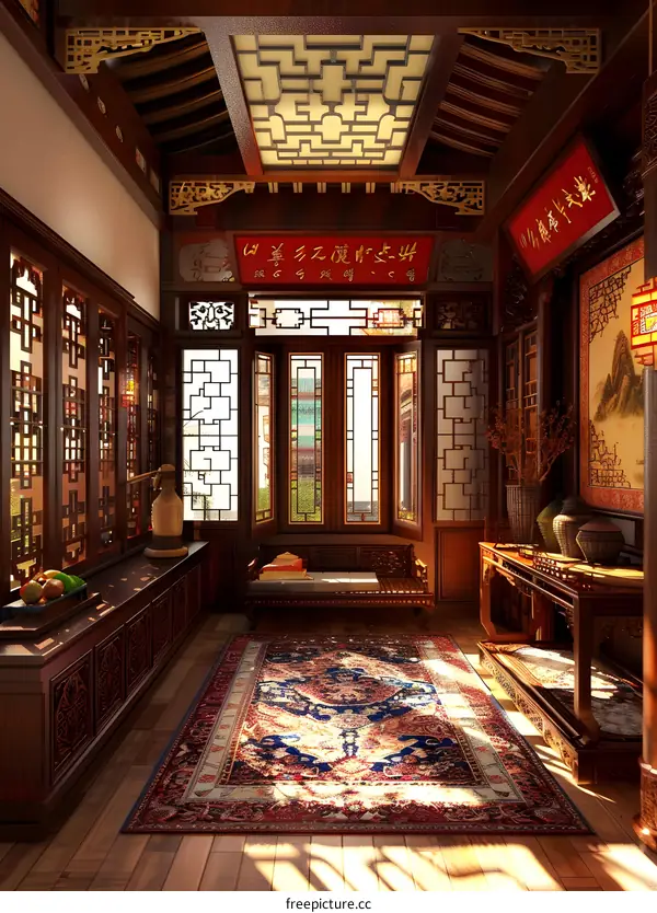 Traditional Chinese Style Interior Design with Wooden Furniture and Decorative Elements