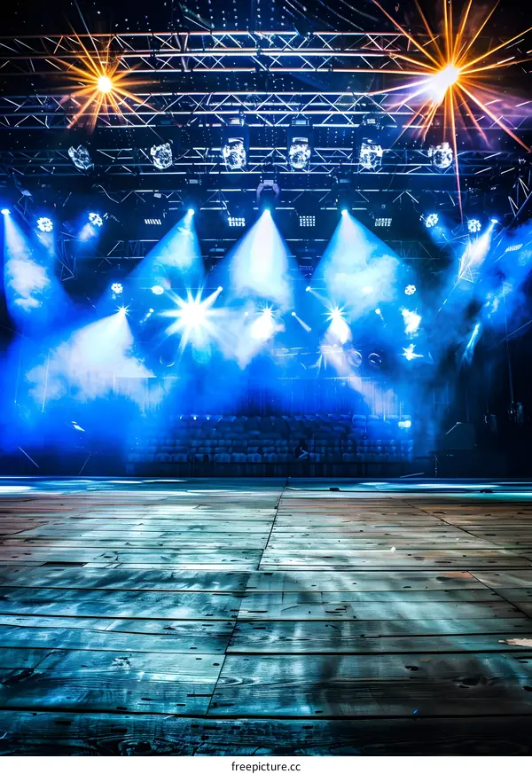 Empty Stage with Blue Lights and Smoke