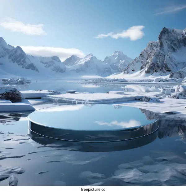 3D rendering of a circular stage with mountains and a frozen lake in the background