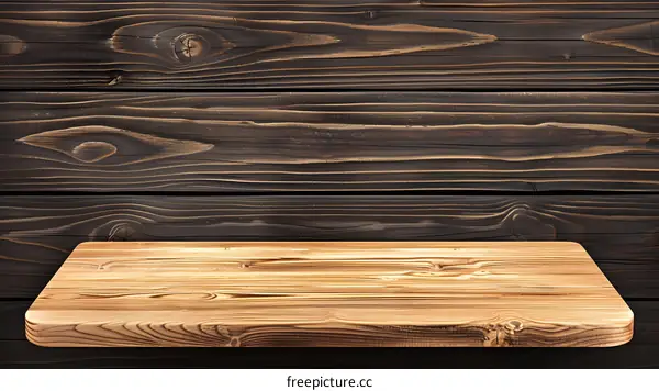 Rustic Wooden Shelf Against Dark Wood Background
