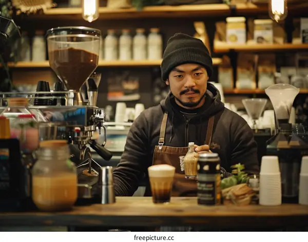 Barista making coffee drinks behind counter