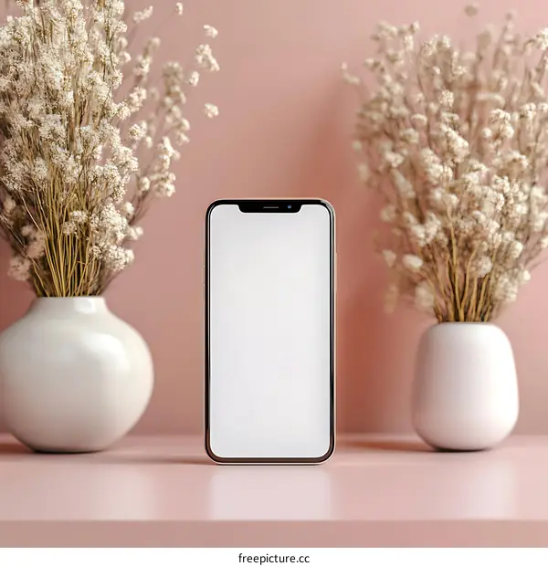 Minimalist Phone Mockup with White Flowers in Vases on a Pink Table